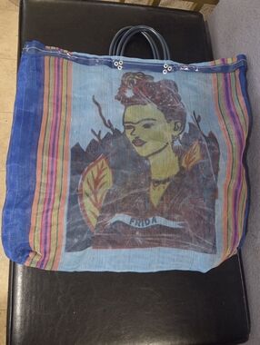 Upcycled Frida Kahlo Inspired Large Blue Striped Tote